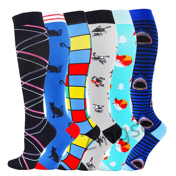 Cat Print Unisex Compression Running Socks - 6 Pairs Active Compression Socks