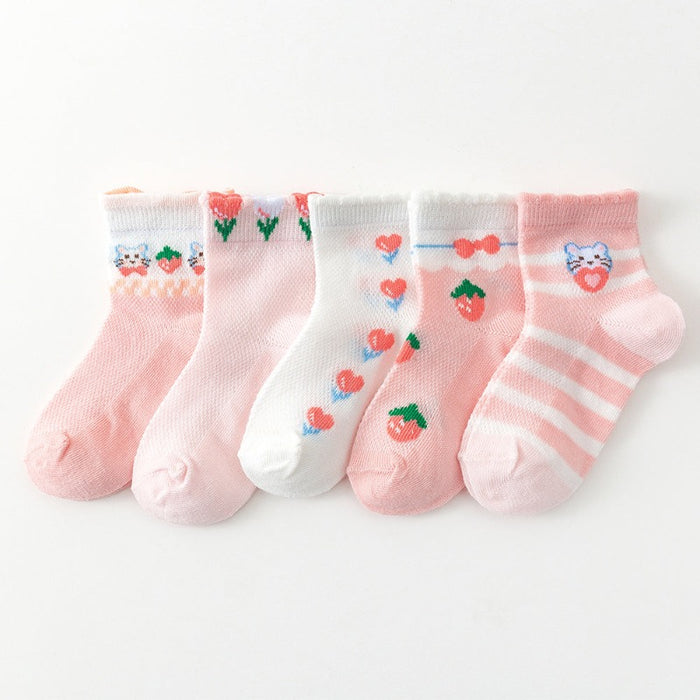 Cat And Strawberry Mesh Cotton Girls Socks