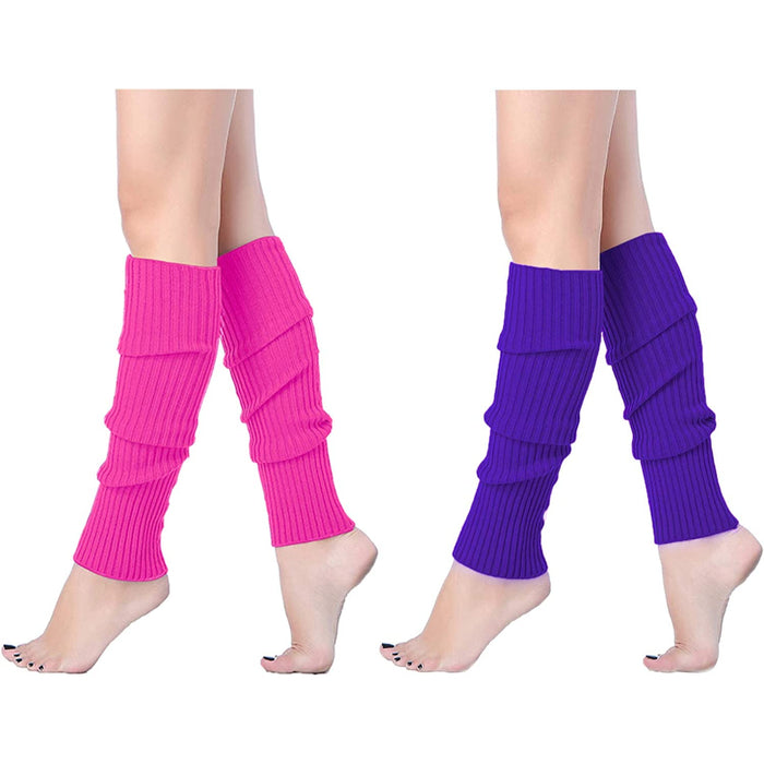 Pack Of 2 Women Juniors Neon Ribbed Leg Warmers for 80s Eighty's Party Sports Yoga