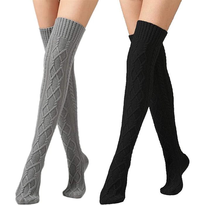 Pack Of 2 Women's Cable Knitted Thigh High Boot Socks Extra Long Winter Stockings Over Knee Leg Warmers
