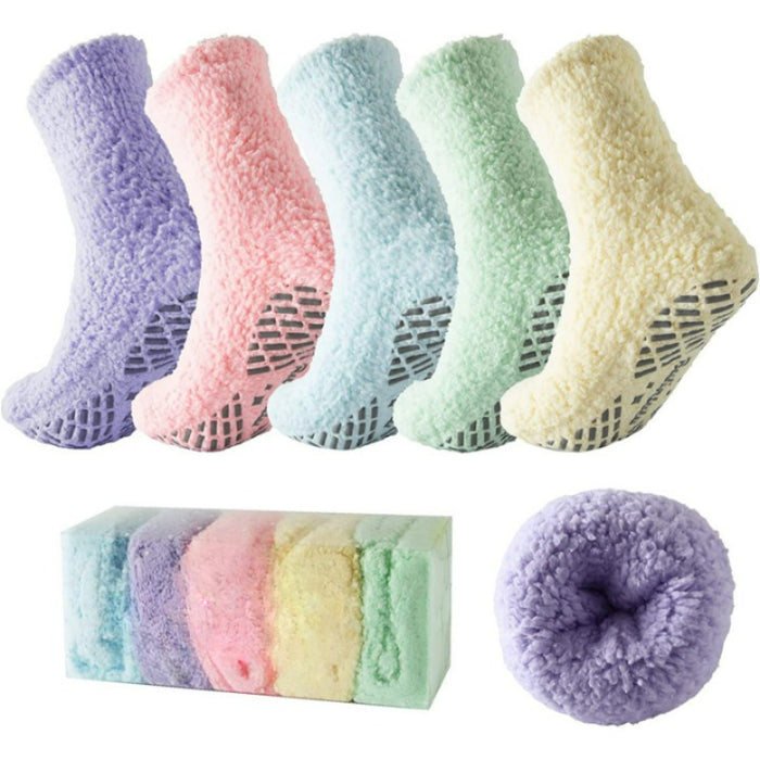 Pack Of 5 Fuzzy Socks for Women with Grips Plush Fuzzy Socks Sleep Cozy socks Sleep Socks Winter Soft Fluffy Sock