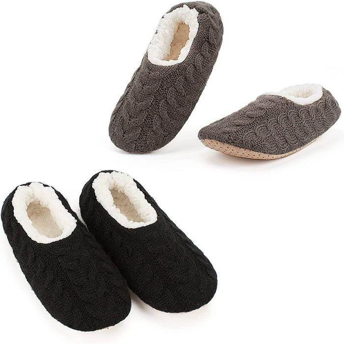 Pack Of 2 Slipper Socks with Grippers, Thick Warm Cozy Sherpa Lined Home Socks Set, Cable Knitted Non-slip Fluffy Winter House Bedroom Slippers