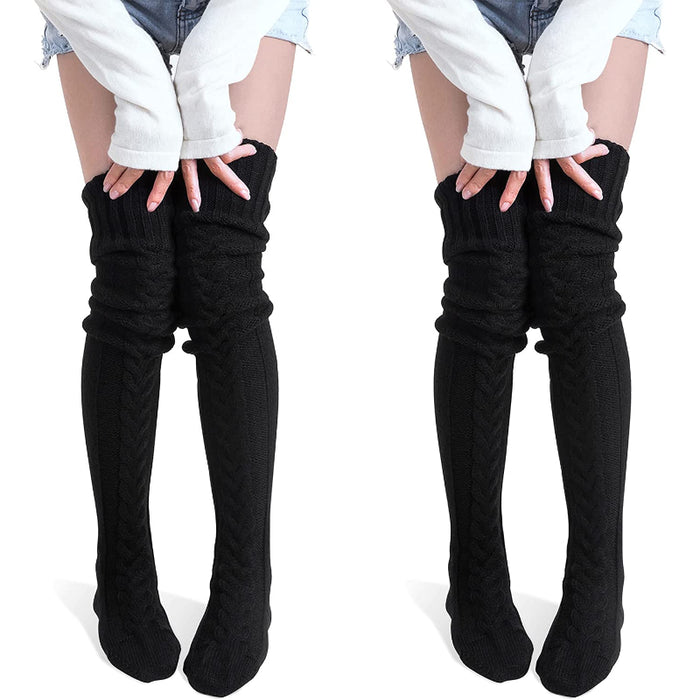 Pack Of 2 Women's Thigh High Socks Over the Knee Cable Knit Boot Socks, Long Warm Fashion Leg Warmers Winter