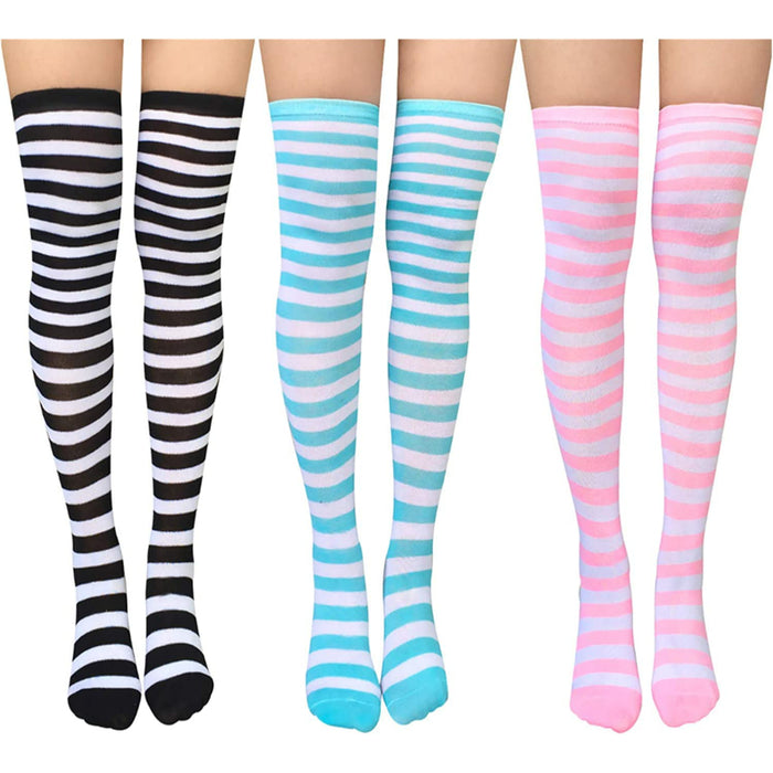 Pack Of 3 Womens Thigh High Socks Cotton Striped Over the Knee Socks Long Knee High Socks for Women