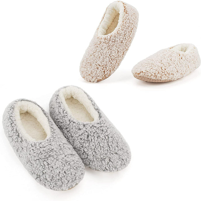 Pack Of 2 Slipper Socks with Grippers, Thick Warm Cozy Sherpa Lined Home Socks Set, Cable Knitted Non-slip Fluffy Winter House Bedroom Slippers