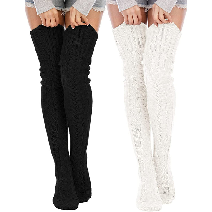 Pack of 2 Women's Cable Knit Thigh High Socks Winter Boot Stockings Extra Long Over Knee High Leg Warmers