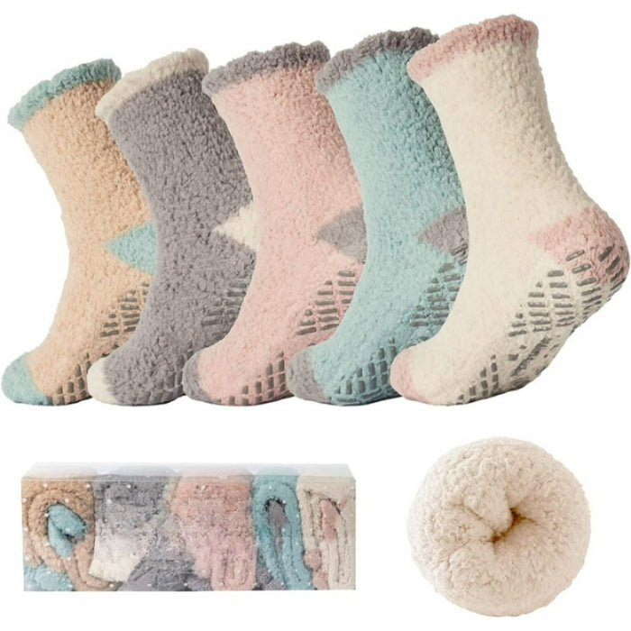 Pack Of 5 Fuzzy Socks for Women with Grips Plush Fuzzy Socks Sleep Cozy socks Sleep Socks Winter Soft Fluffy Sock