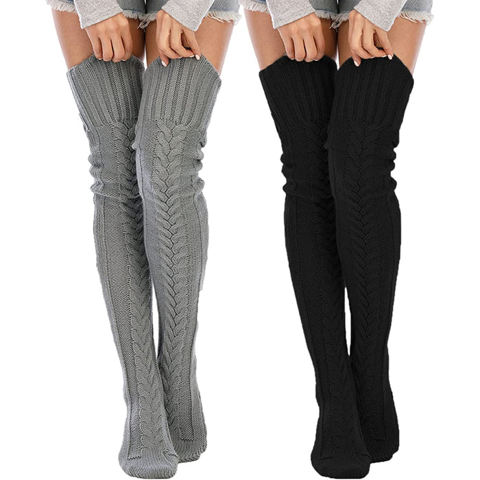Pack Of 2 Women's Cable Knitted Thigh High Boot Socks Extra Long Winter Stockings Over Knee Leg Warmers