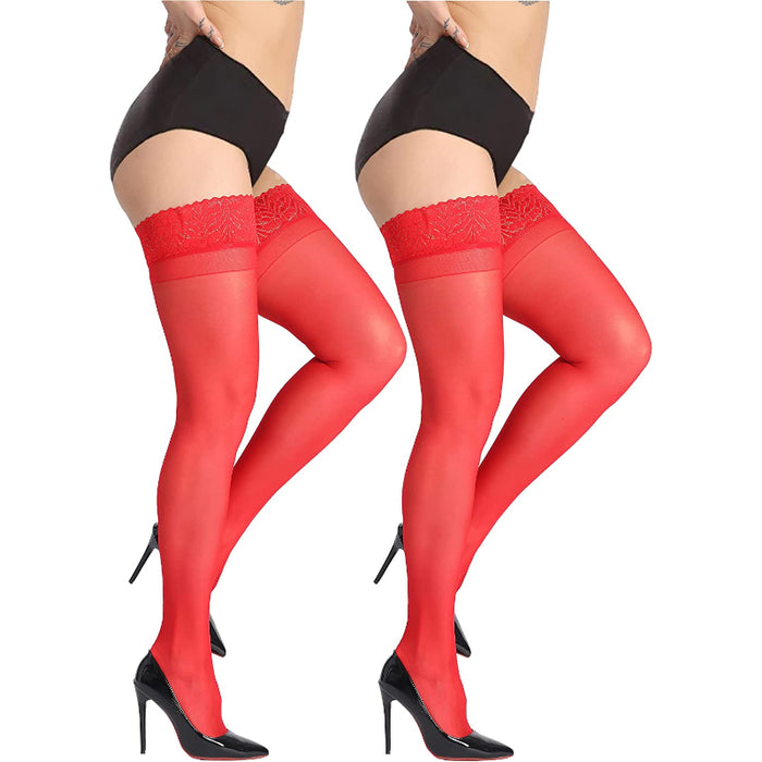 Pack Of 2 Thigh High Stockings Silicone Lace Top Stay Up Silky Semi Sheer Pantyhose for Women Hold Up Nylon