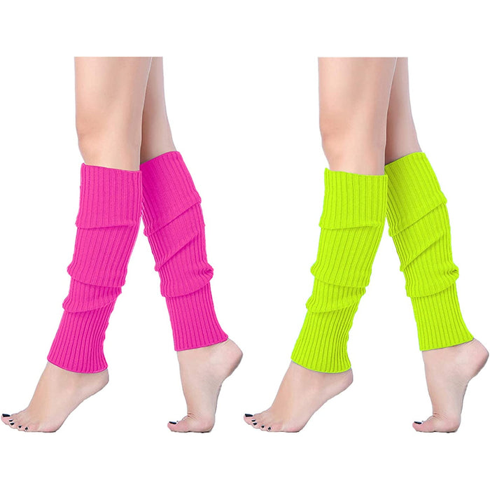 Pack Of 2 Women Juniors Neon Ribbed Leg Warmers for 80s Eighty's Party Sports Yoga
