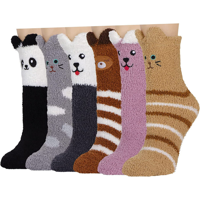 Pack Of 6 Slipper Socks Women - Colorful Warm Fuzzy Crew Socks Cozy