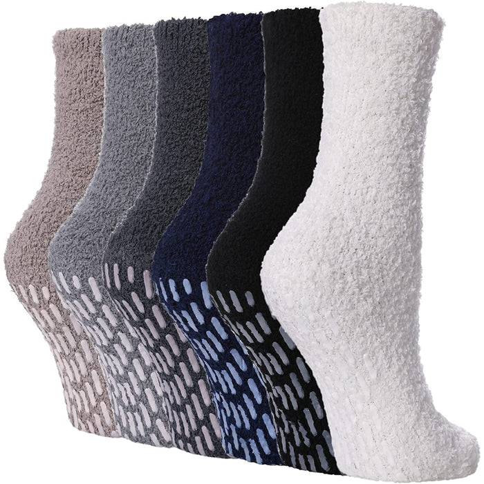 Pack Of 6 Non Slip Socks for Women Winter Warm Cozy Fuzzy Slipper Socks Soft Fluffy Hospital Socks with Grips