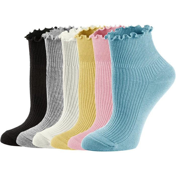 Womens Socks, Ruffle Turn-Cuff Casual Ankle Socks Warm Knit Cotton Lettuce Crew Frilly Sock 6 Pack