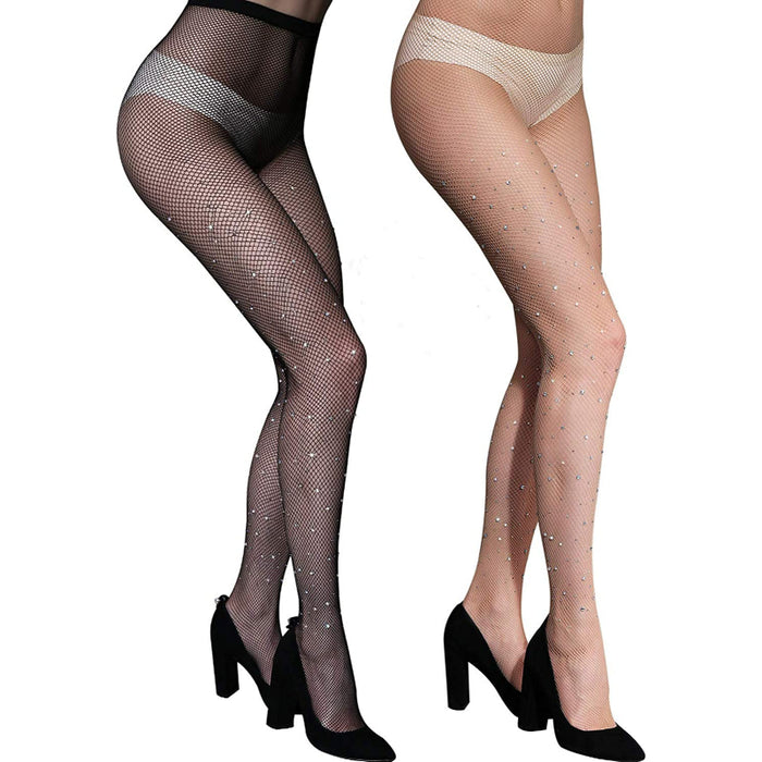 Pack Of 2 Women's Sparkle Rhinestone Fishnets Sexy Tights High Waist Stockings