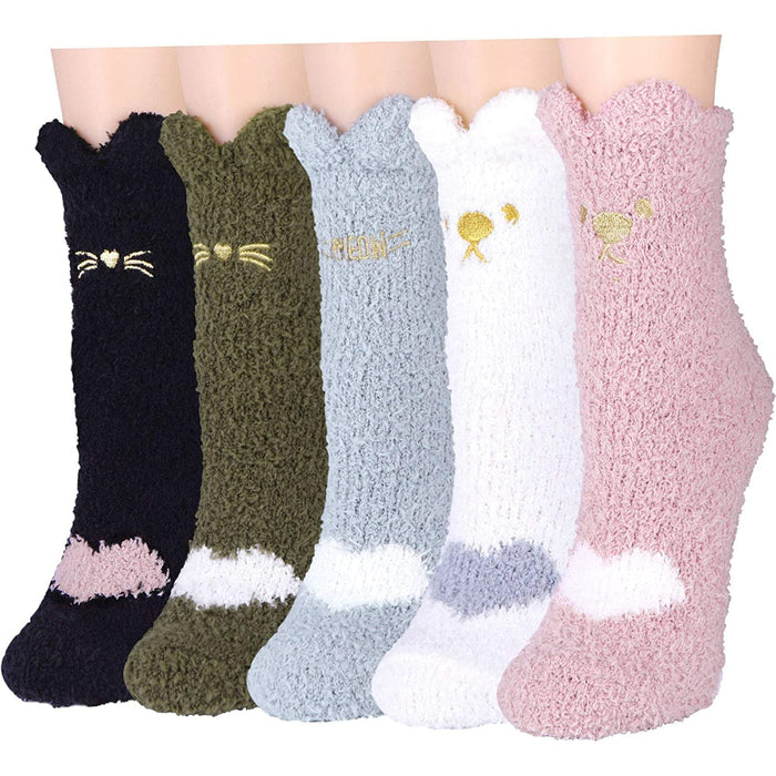Pack Of 5 Slipper Socks Women - Colorful Warm Fuzzy Crew Socks Cozy