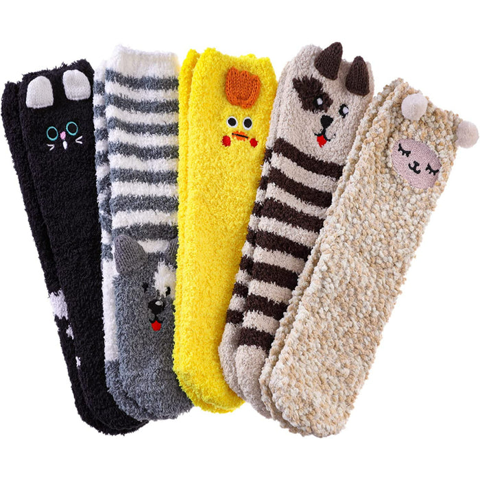 Pack Of 5 Womens Fuzzy Slipper Socks Animal Soft Warm Cute Microfiber Cozy Fluffy Winter Christmas Socks