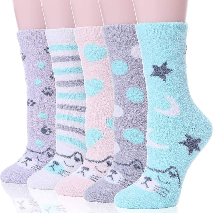 Pack Of 5 Womens Fuzzy Socks Slipper Soft Cabin Plush Warm Fluffy Winter Sleep Cozy Adult Socks